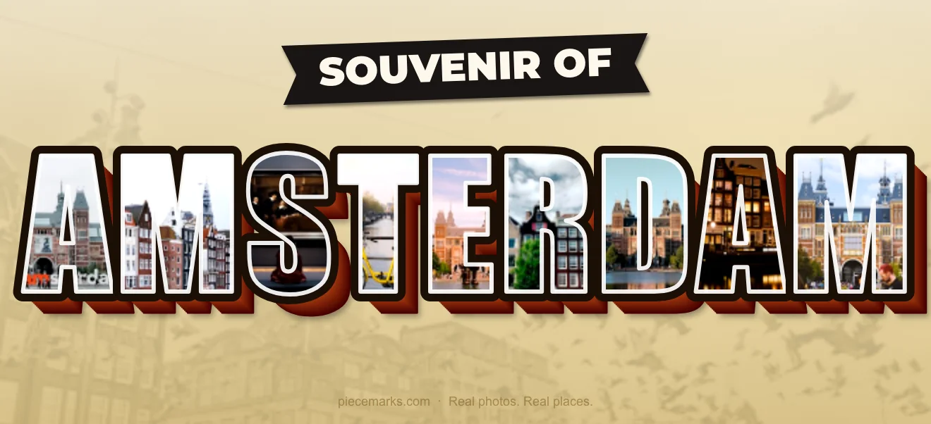 Real photos of AMSTERDAM filling each letter — a Piecemarks Greetings From mural