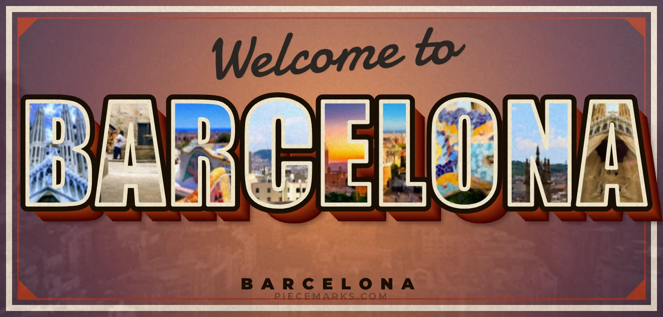 Real photos of BARCELONA filling each letter — a Piecemarks Greetings From mural