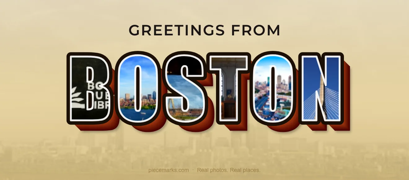 Real photos of BOSTON filling each letter — a Piecemarks Greetings From mural