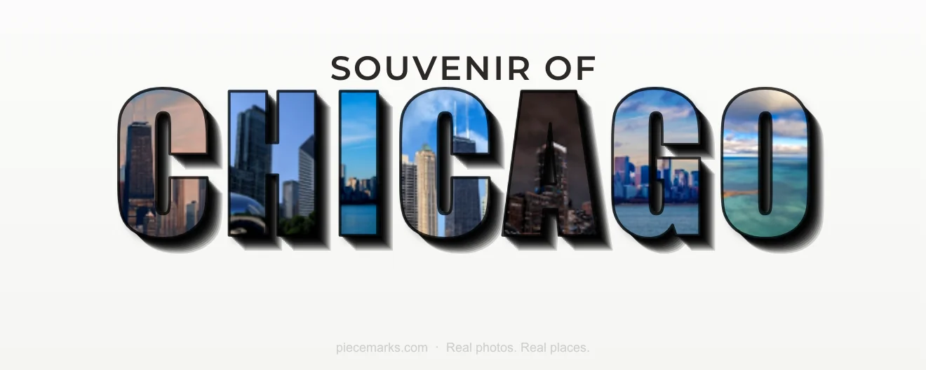 Real photos of CHICAGO filling each letter — a Piecemarks Greetings From mural