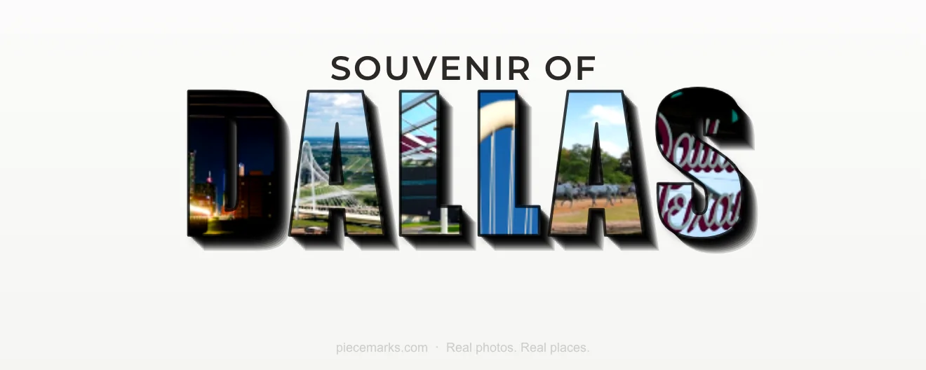 Real photos of DALLAS filling each letter — a Piecemarks Greetings From mural