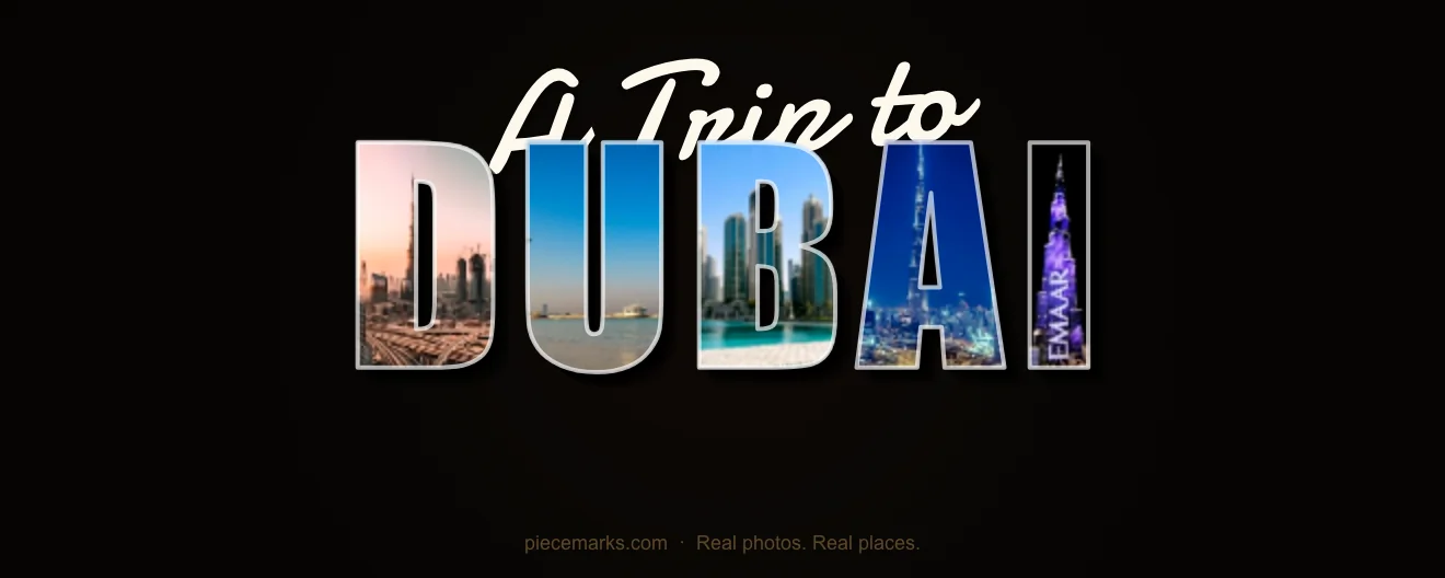 Real photos of DUBAI filling each letter — a Piecemarks Greetings From mural