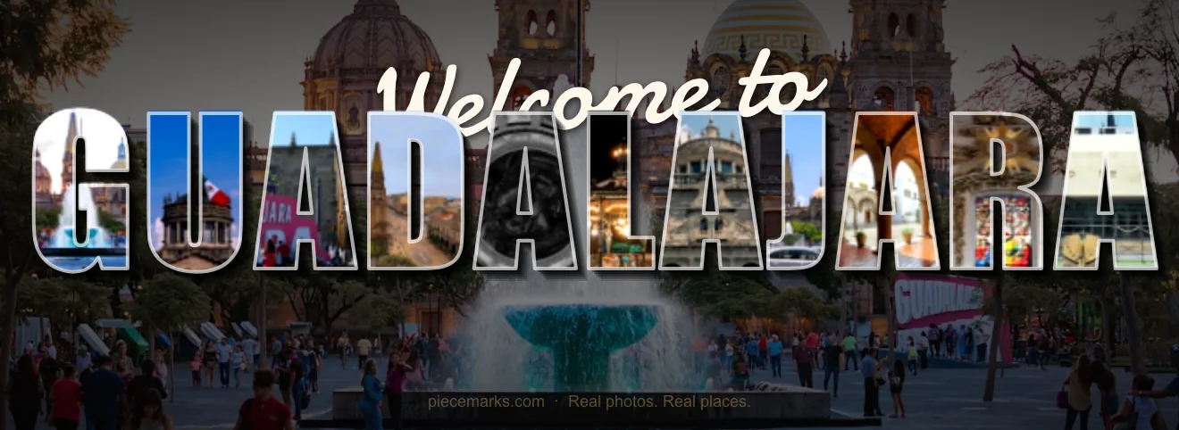 Real photos of GUADALAJARA filling each letter — a Piecemarks Greetings From mural