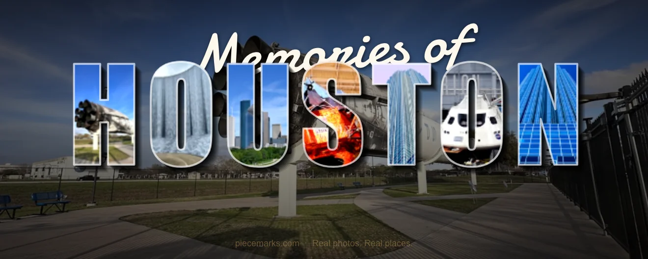 Real photos of HOUSTON filling each letter — a Piecemarks Greetings From mural