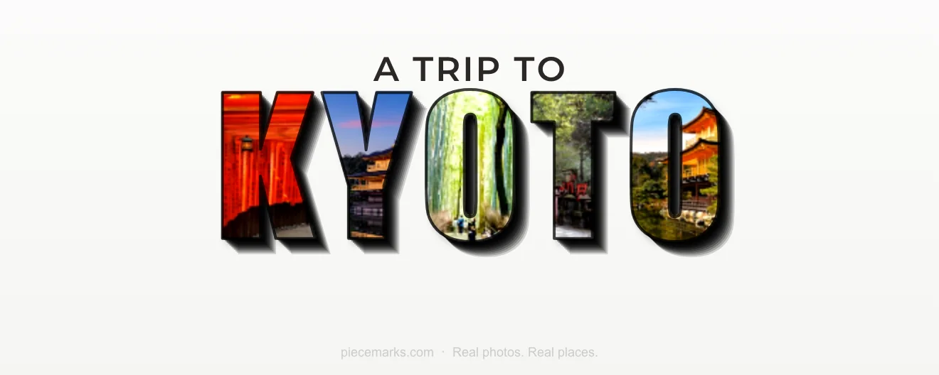 Real photos of KYOTO filling each letter — a Piecemarks Greetings From mural