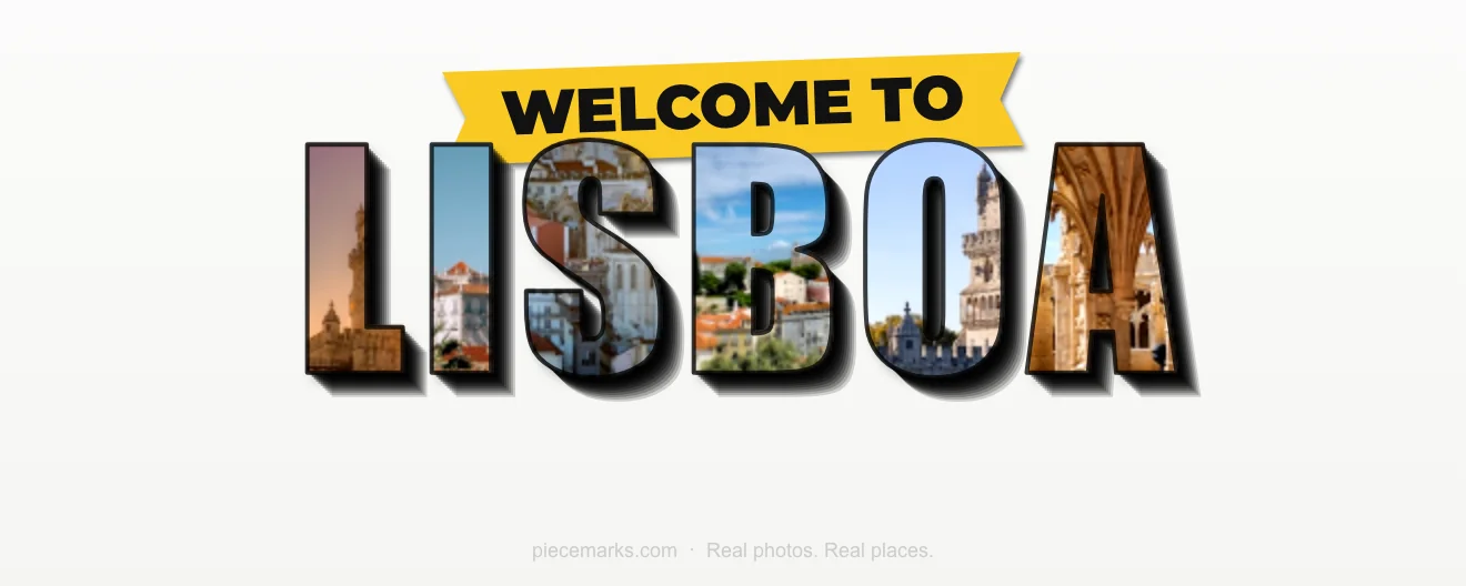 Real photos of LISBOA filling each letter — a Piecemarks Greetings From mural
