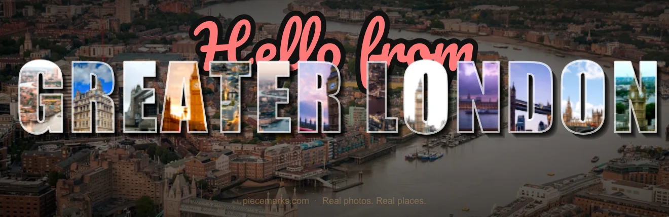 Real photos of LONDON filling each letter — a Piecemarks Greetings From mural