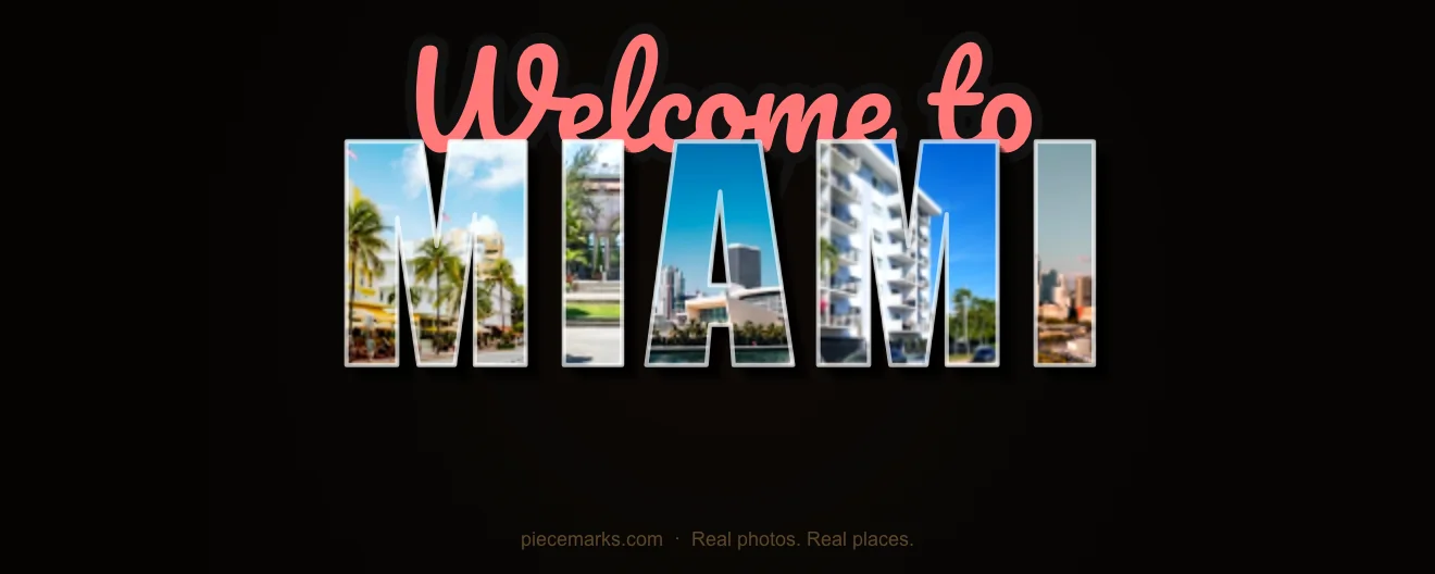 Real photos of MIAMI filling each letter — a Piecemarks Greetings From mural