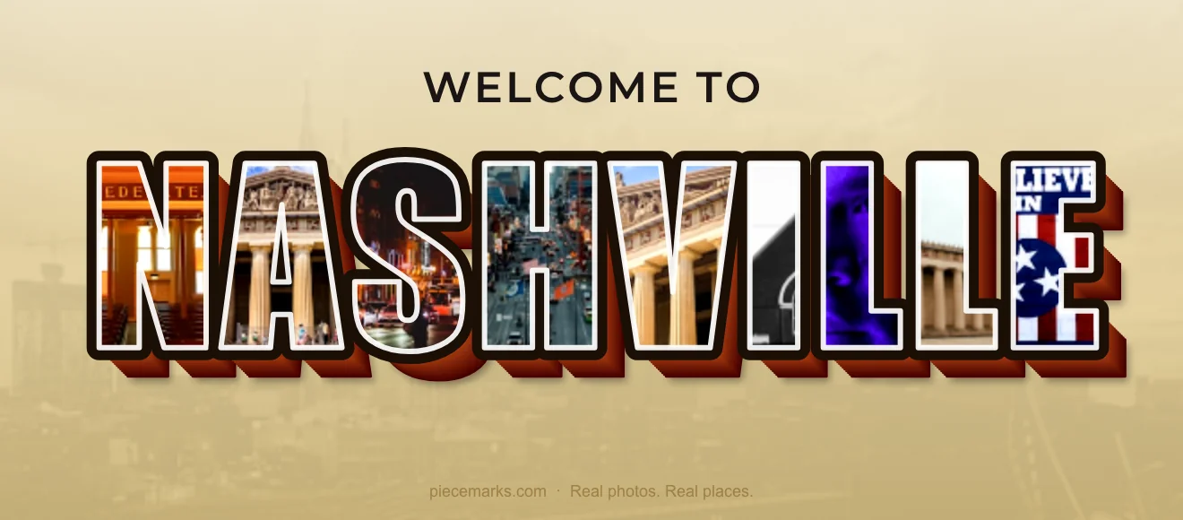 Real photos of NASHVILLE filling each letter — a Piecemarks Greetings From mural