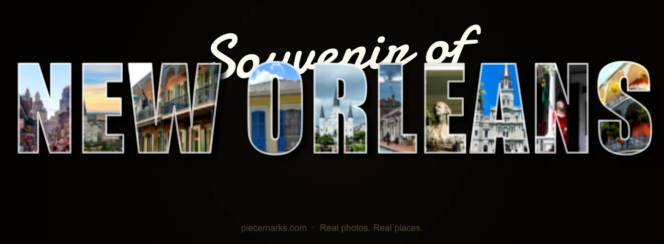 Real photos of NOLA filling each letter — a Piecemarks Greetings From mural