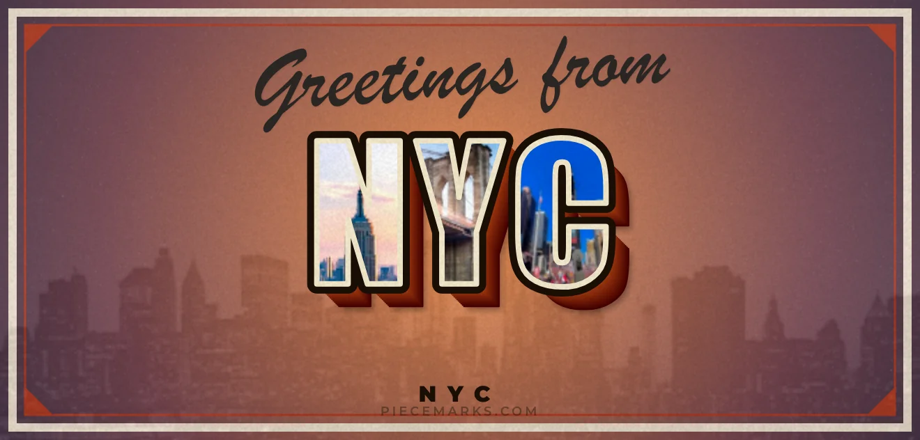 Real photos of NYC filling each letter — a Piecemarks Greetings From mural