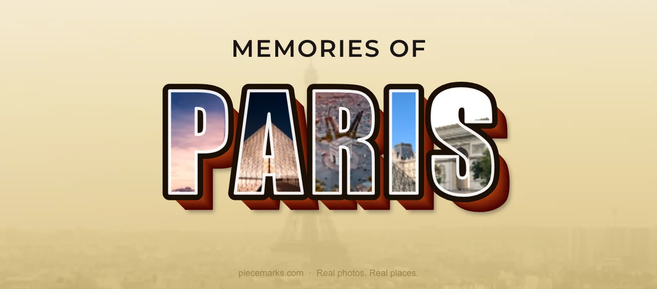 Real photos of PARIS filling each letter — a Piecemarks Greetings From mural