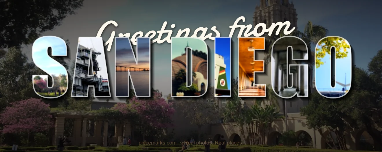 Real photos of SAN DIEGO filling each letter — a Piecemarks Greetings From mural