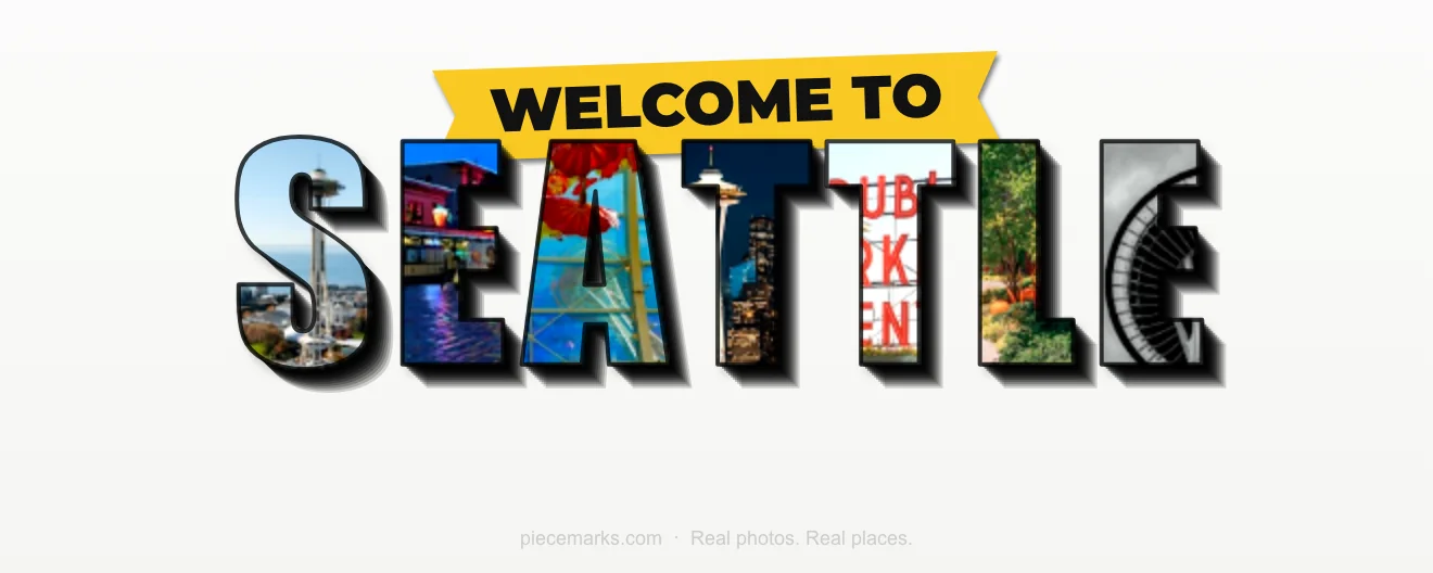 Real photos of SEATTLE filling each letter — a Piecemarks Greetings From mural