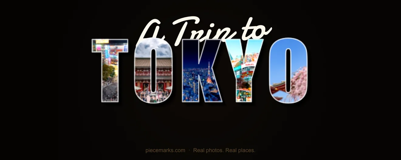 Real photos of TOKYO filling each letter — a Piecemarks Greetings From mural